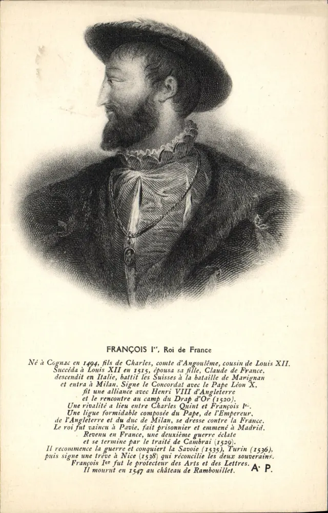 François Ier, König von Frankreich — gravuriertes Portrait mit biografischem Text — A. P. - Vorderseite