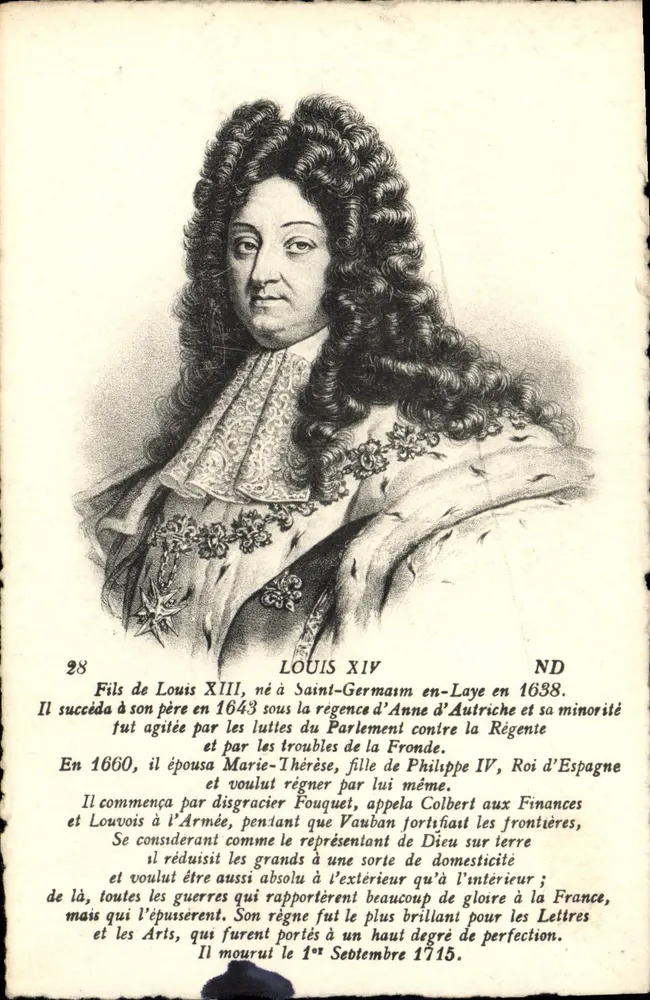 Louis XIV — gravuriertes Portrait mit biografischem Text - Vorderseite