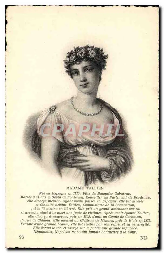 Madame Tallien — Retrato — Editora: Cie des Arts Photomécaniques, Strasbourg, n° 96 - Frente
