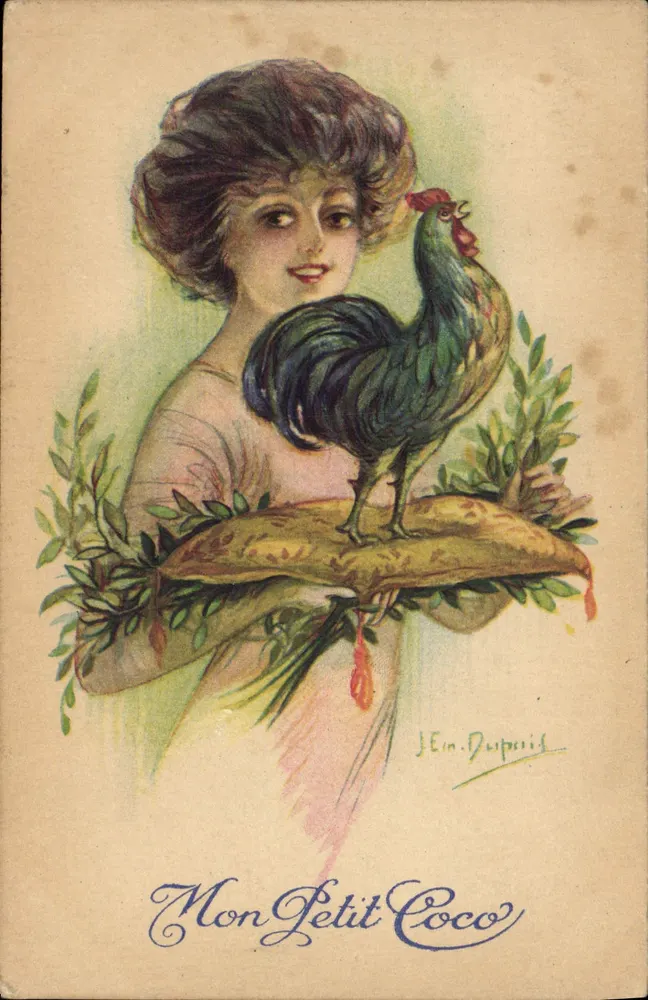Jovem mulher segurando um galinha — 'Mon Petit Coco' — J. Em. Duprais - Frente