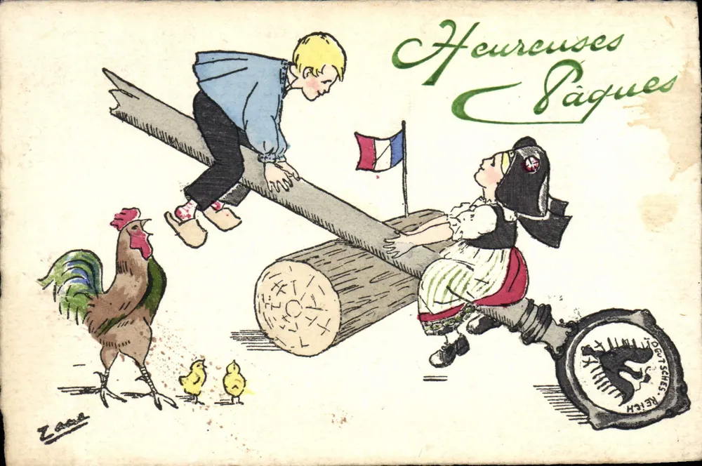 Enfants jouant à la balançoire — scène de campagne avec coq et poussins — éditeur Zara - Frente