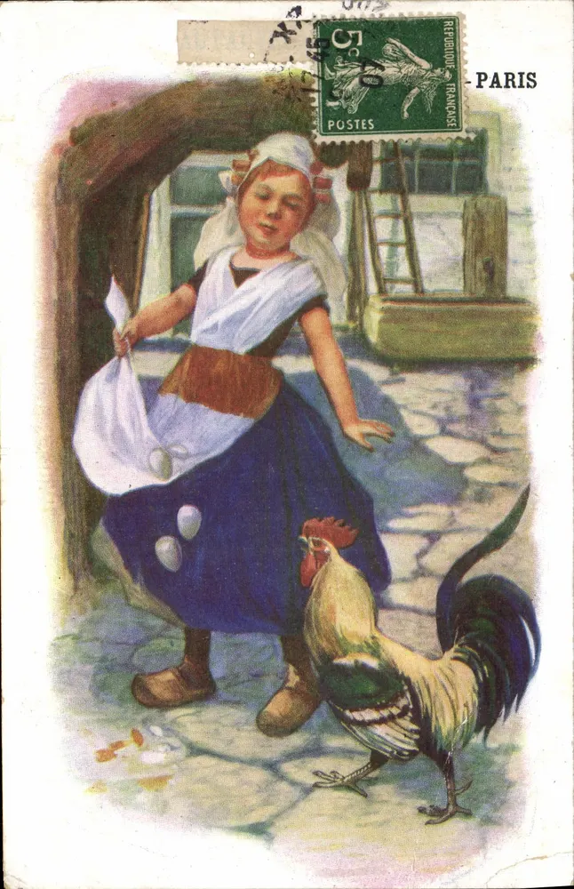 Femme campagnarde avec coq — scène de cour intérieure — éditeur H. Lazz E. Proust & Cie Paris - Frente