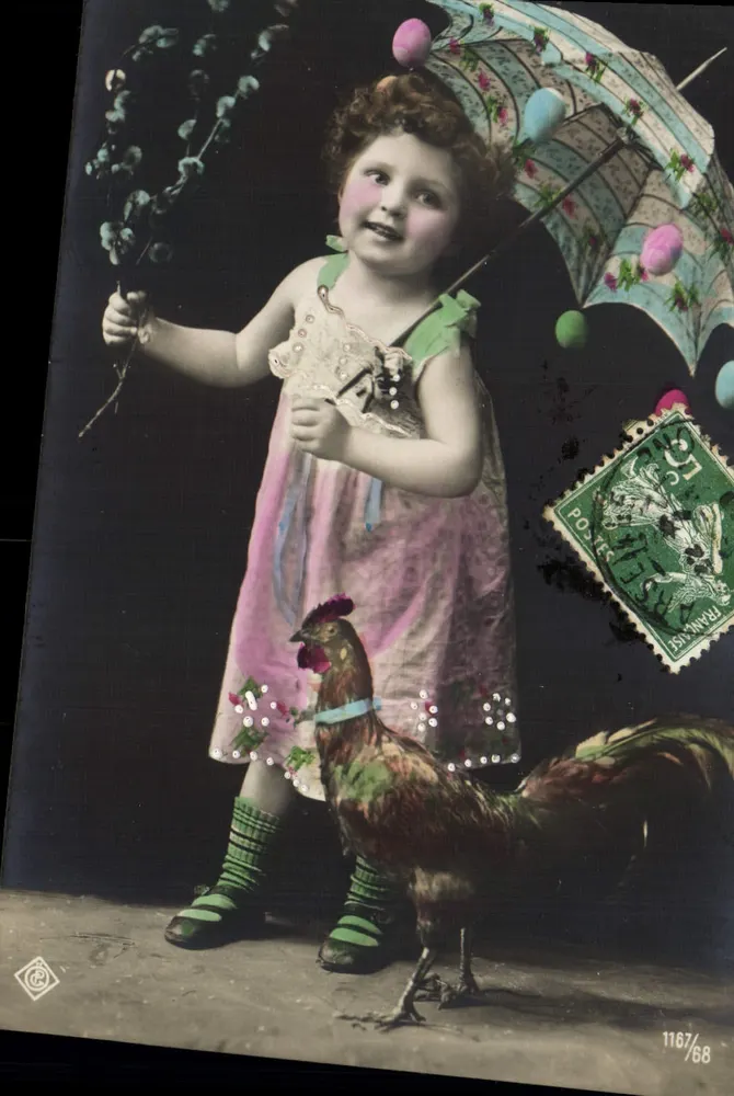 Menina pequena com galinha e guarda-chuva decorado — editor Poster, n° 1167/68 - Frente