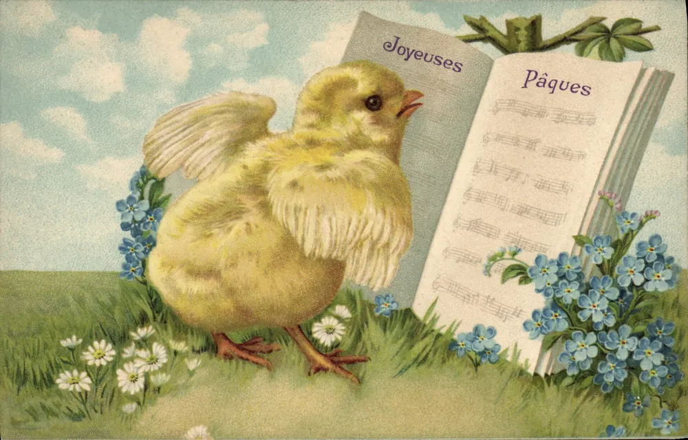 Pintinho cantando — Feliz Páscoa — editor Raphael Tuck & Sons, série 603 II - Frente
