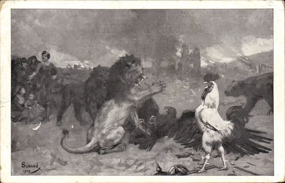 사자와 닭 — 격투 장면 — Surand 1915 - 앞면