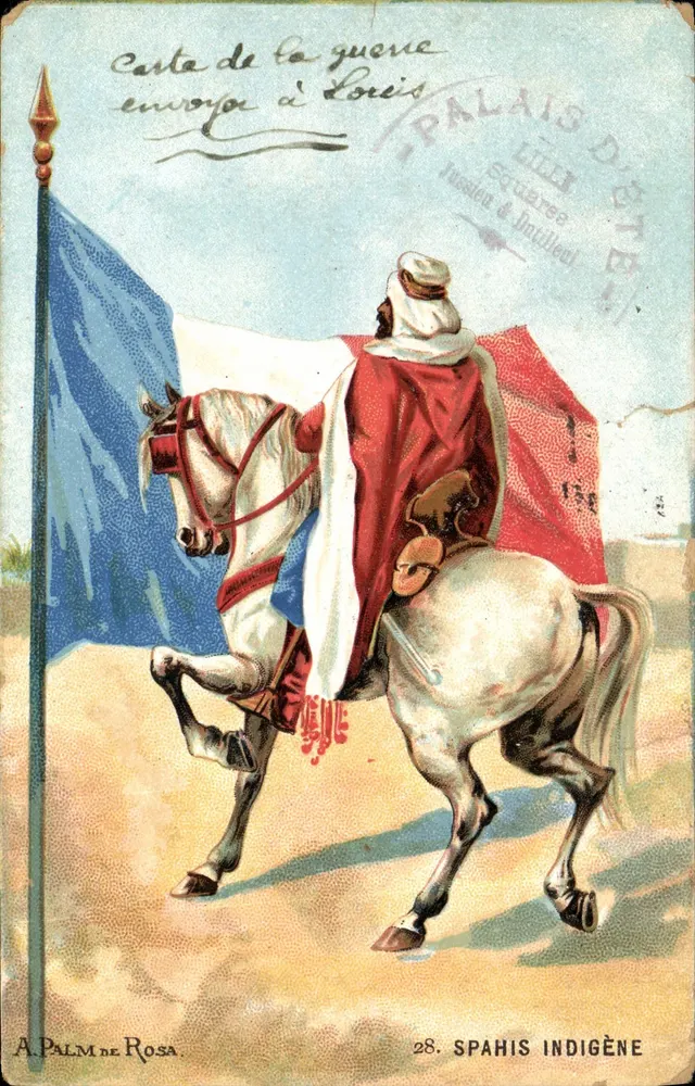 Spahis indigène — cavalier sur un cheval blanc devant un drapeau français — éditeur A. Palm de Rosa, n°28 - Awers