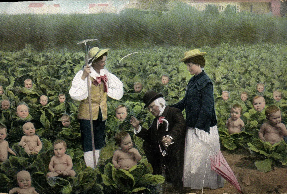 Familie in einem Kohlfeld — satirische Illustration — unbekannter Verlag - Vorderseite