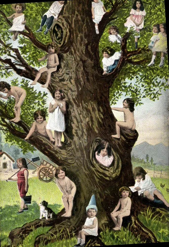 Kinder in einem großen Baum — farbige Illustration — Universal Postal Union - Vorderseite