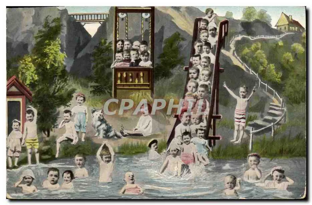 Enfants jouant dans une rivière — scène de baignade avec toboggan et édifice en bois — éditeur non visible - Vorderseite