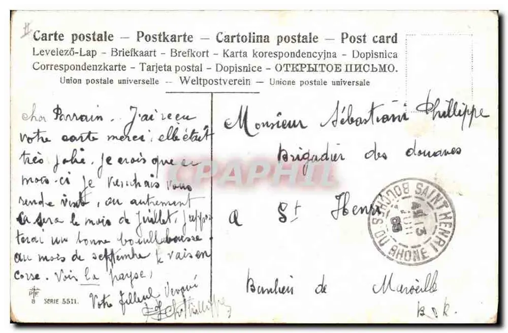 Acht Kinder und eine Storch — Gartenszene — Verlag 'CPAPHIL' — Serie 5511 - Rückseite