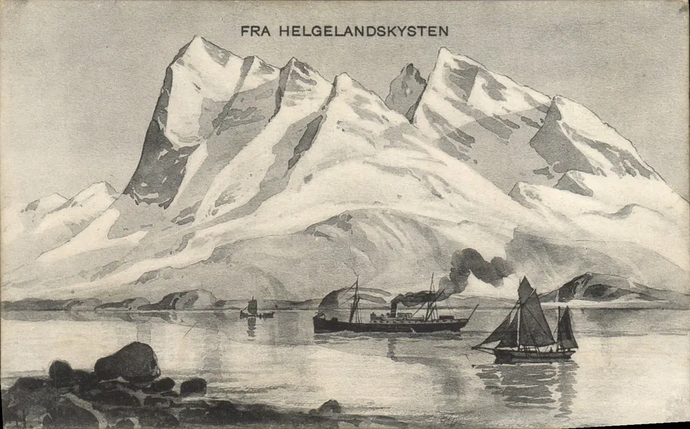FRA HELGELANDSKYSTEN — bergiges Landschaft mit Booten — Verlag Verdenspostforeningen - Vorderseite