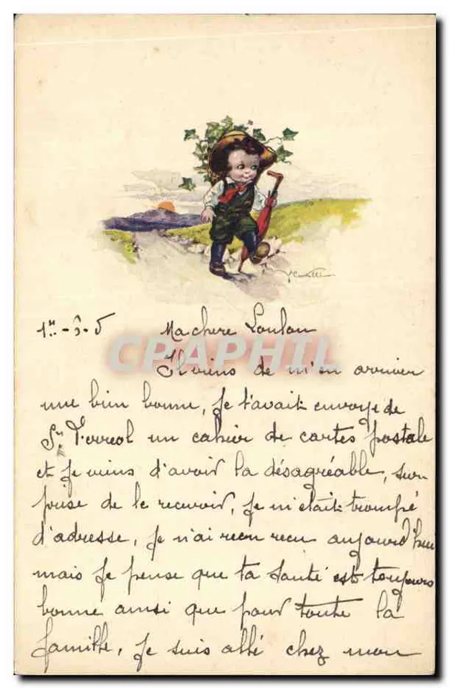 Enfant avec parapluie — illustration de René Moutet — Cartoline d'Arte, Milan - Recto
