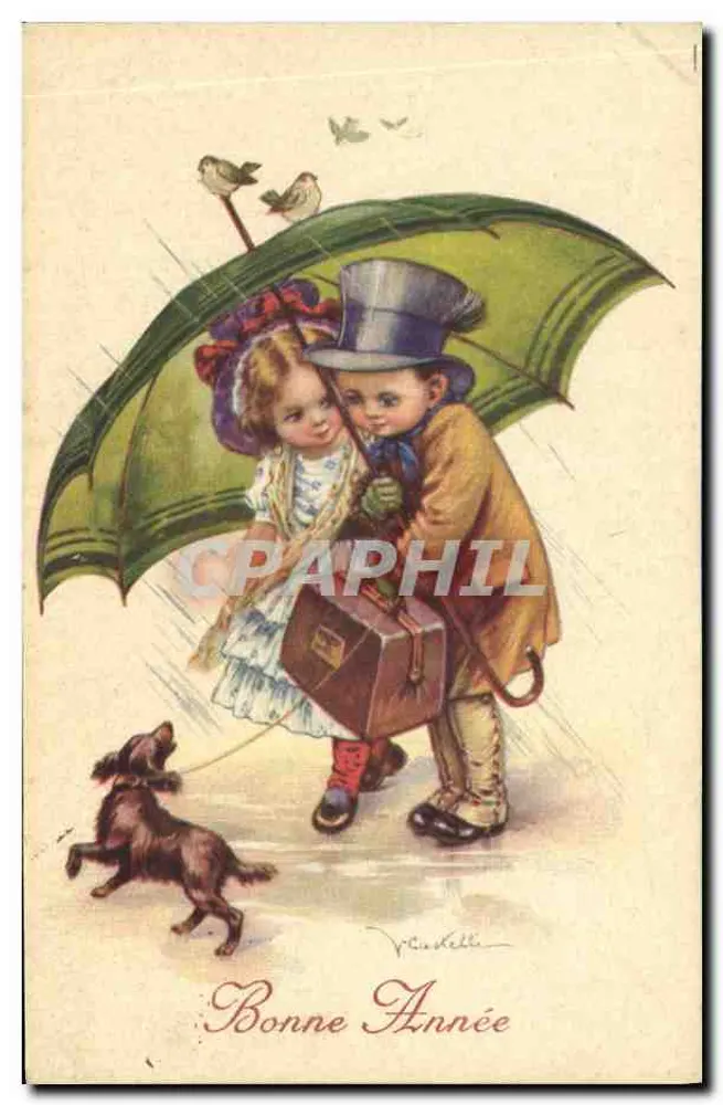 Kinder unter dem Regenschirm — Frohe Weihnachten — V. Lisabelle - Vorderseite
