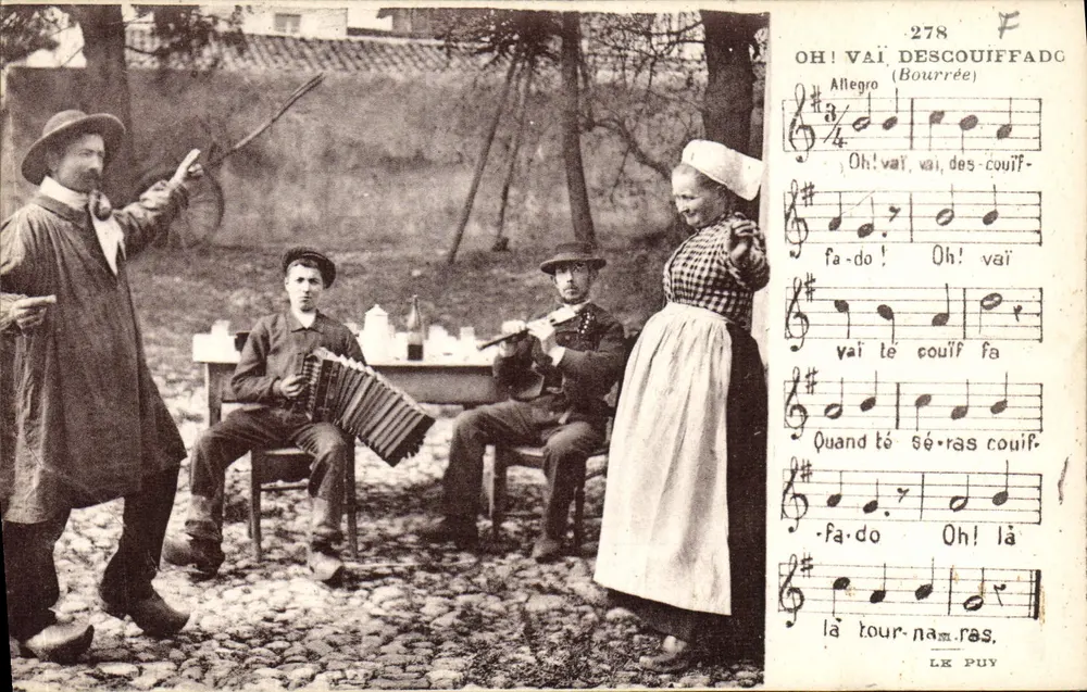 Cena de aldeia — Músicos e dançarino — Edições d'Art Margerit, Le Puy - Frente