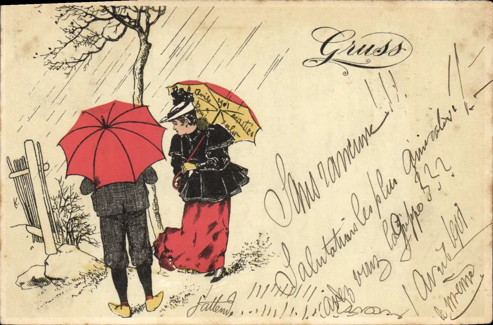 Zwei Personen in der Regen — Illustration — Gruss - Vorderseite