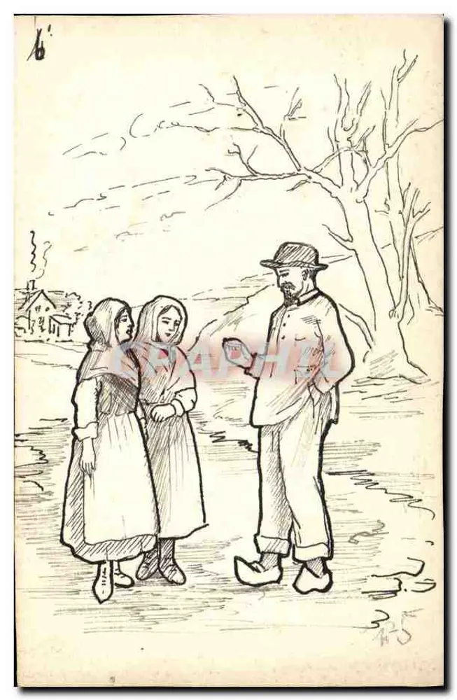 ग्रामीण दृश्य - दो युवा लड़कियाँ और एक आदमी - काले और सफेद में ड्राइंग - आगे