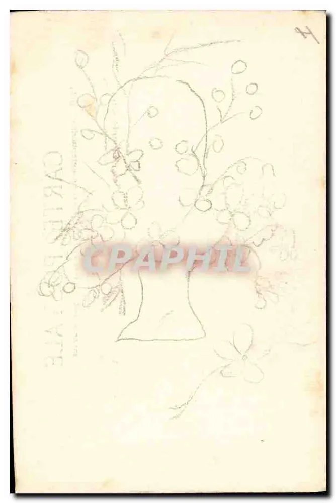 Carta postal virgem — desenho de cabeça coroada de flores — sem editor nem número visível - Frente