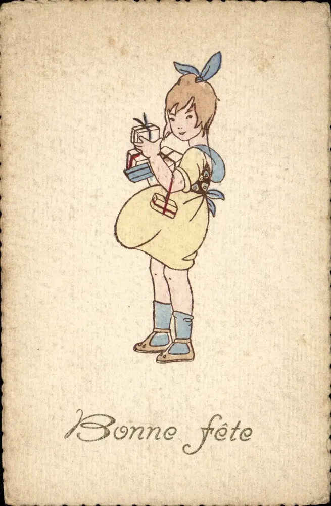 Niña con regalos — Feliz cumpleaños — editor desconocido, número de serie no visible - Anverso