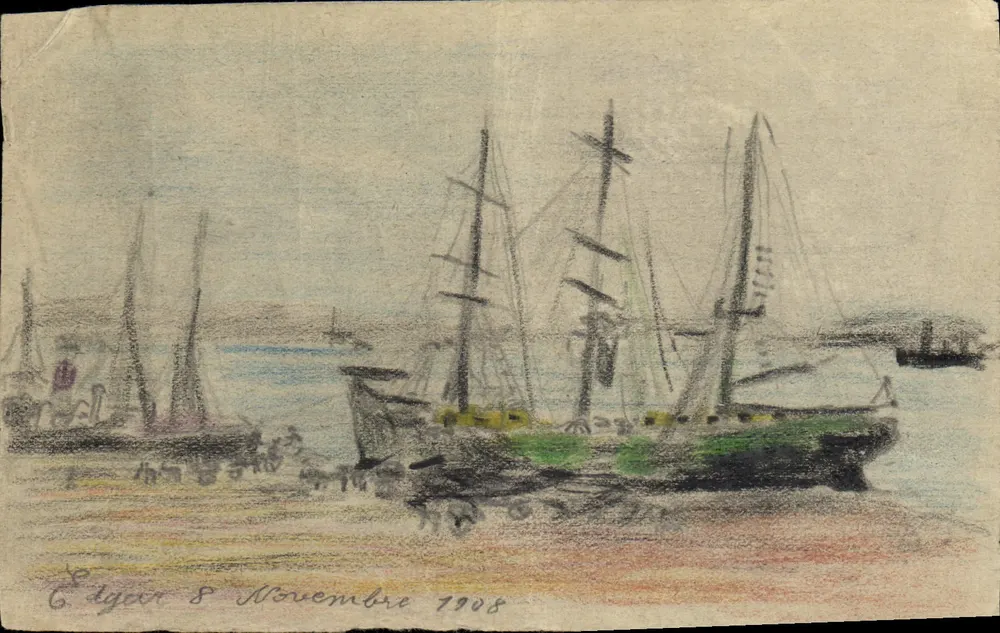 Porto de Égir — vista de barcos a vela — desenho a giz - Frente