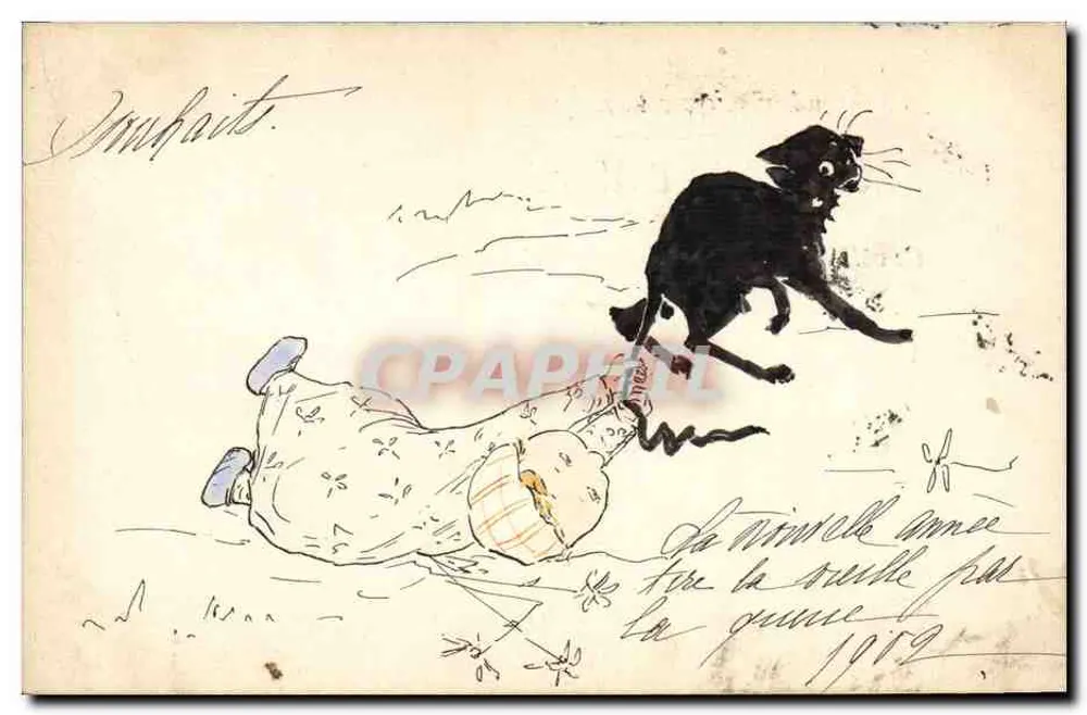 Chat noir — poursuivant une personne allongée — dessin de M. Imbault, daté 1912 - Frente