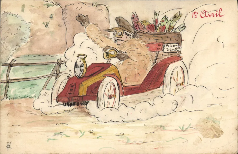 Poisson d'Avril — caricature d'un conducteur en voiture avec un panier de poissons — éditeur non visible - Recto
