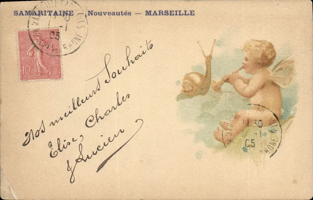 Chercheur de bonheur — enfant ailé jouant de la flûte à côté d'un escargot — éditeur SAMARITAINE — Nouveautés — MARSEILLE - Vorderseite
