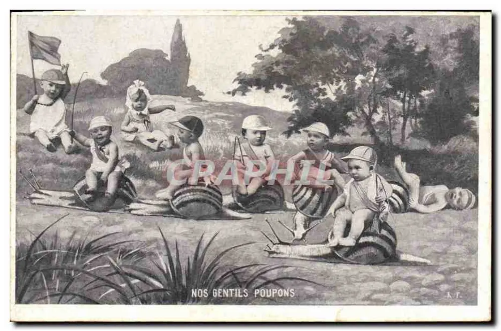 Nossos gentis bebês — ilustração de sete crianças brincando com caracóis — editor K.F. - Frente