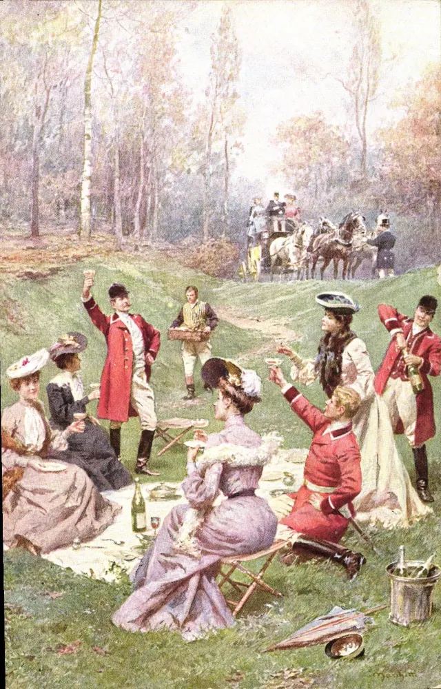 Piquenique na floresta — cavaleiros e senhoras em traje da época — n°11 - Frente
