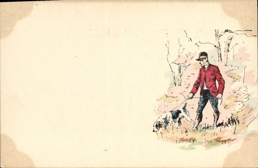 Caçador com cachorro — floresta — carta postal anônima - Frente