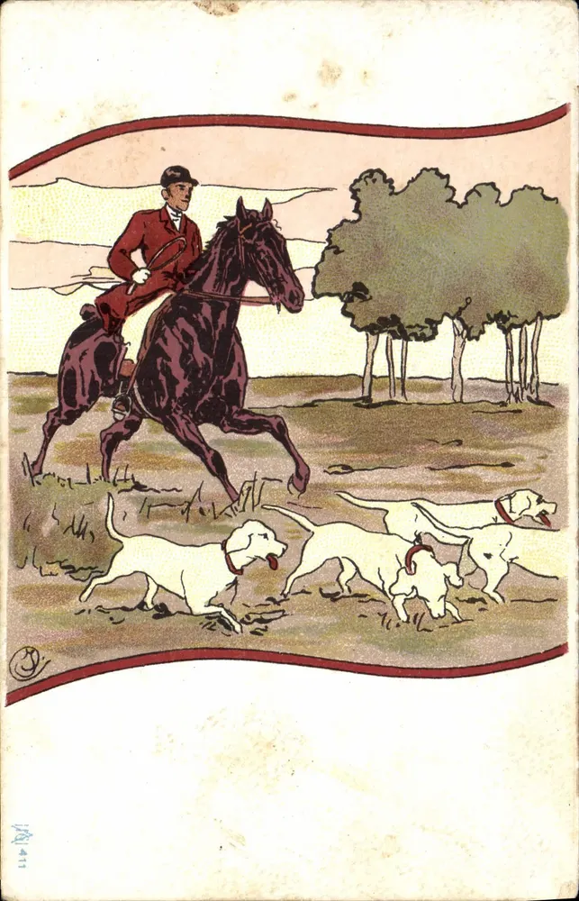 Caça à cavalo — cavaleiro em vermelho e cães — editor Chevet, n°4 - Frente