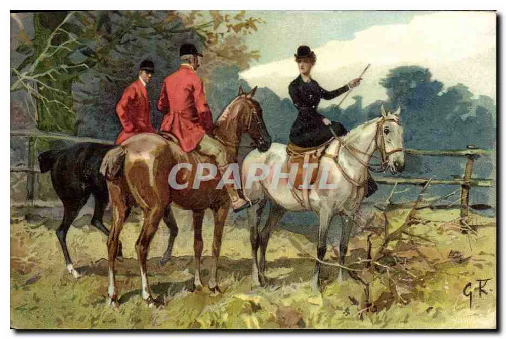 Caccia a cavallo — cavalieri e cavaliere — G.R. (editore sconosciuto, serie 3027) - Recto