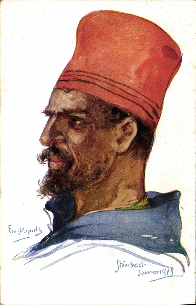 Portret mężczyzny w czerwonym fezie — rysunek akwarelowy — Em. Dupuils, Steinbach, styczeń 1915 - Awers