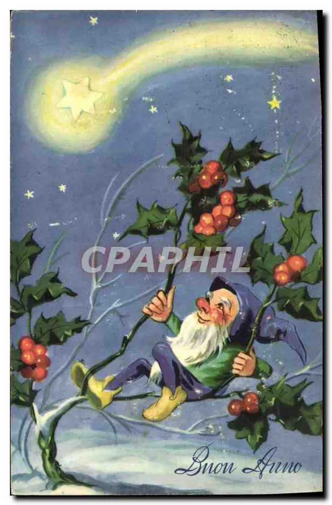 Gnome em um houx — sob um céu estrelado com cometa — editor desconhecido, série 439/6 - Frente