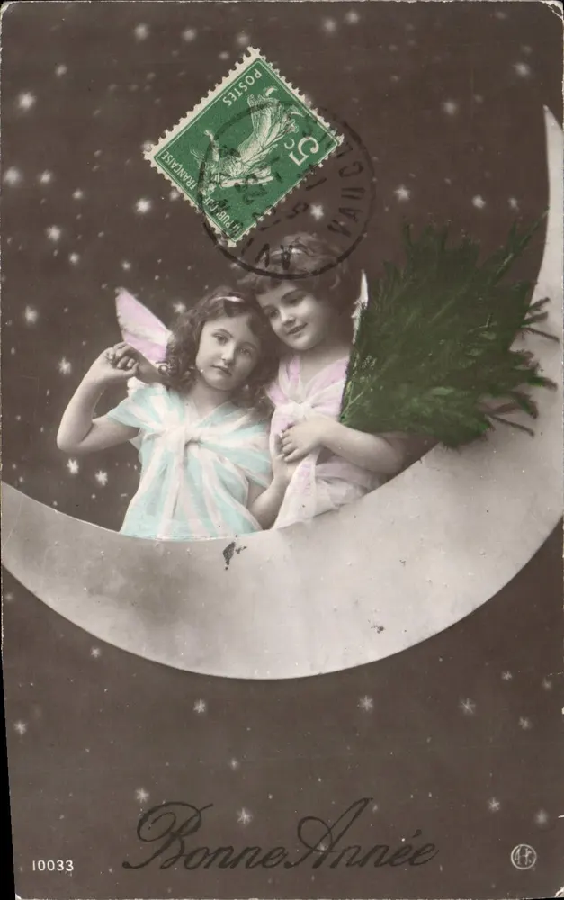 Zwei Engel auf dem Mond — Frohe Neujahr — Verlag AT n°10033 - Vorderseite