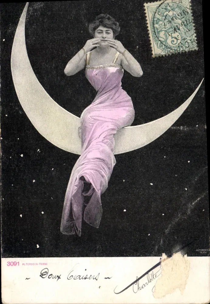 Femme en robe rose assise sur une lune — scène nocturne — éditeur ALTEROCCA-TERNI, n° 3091 - Vorderseite