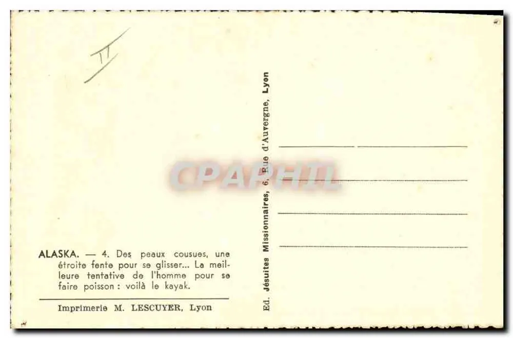 Alasca — Um homem em um caiaque — Ed. Jesuítas Missionários, Lyon - Verso