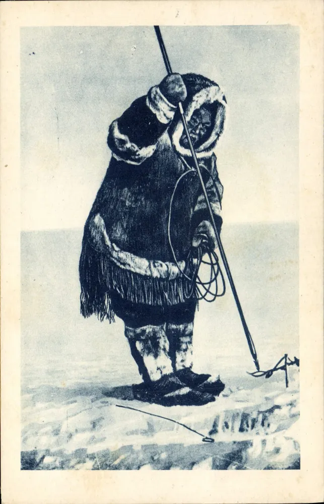 Eskimos — Mit seinem Speer wartet der Eskimo auf den Wal, der durch ein in den Eis geschnittenes Loch atmen kommt — Apostolische Editionen, Lyon - Vorderseite