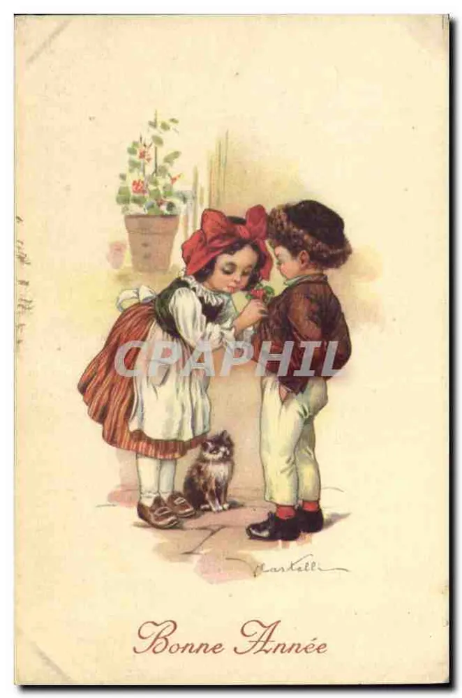 Enfants échangeant une rose — scène d'hiver — éditeur Gastarini, Milan - Vorderseite