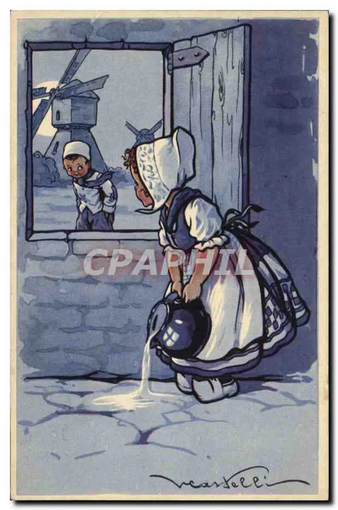 Frau im traditionellen Kleid Milch ausschenkend — Dorfszene — Zeichnung von Vezzelli - Vorderseite