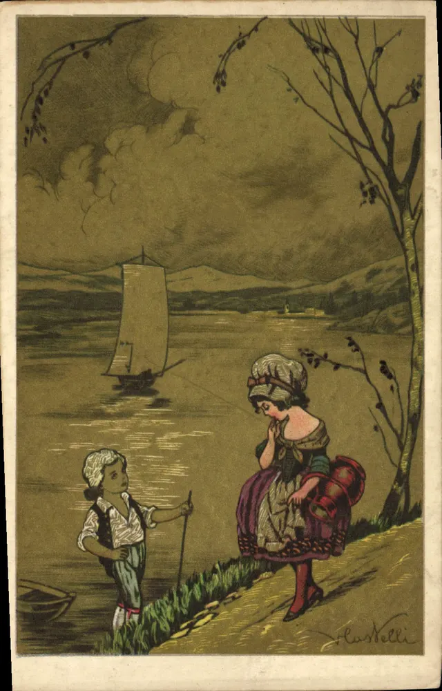Frau und Kind am See — Landschaftsansicht — Zeichnung von R. Castelli - Vorderseite