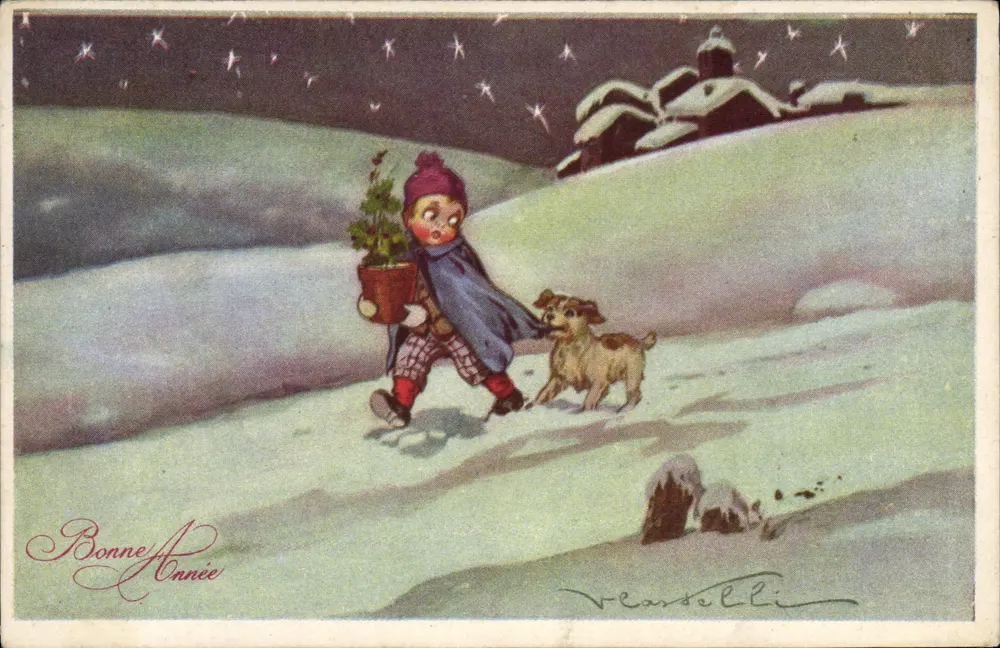 Kind und Hund in der Schnee — Frohe Weihnachten — V. Castelli - Vorderseite