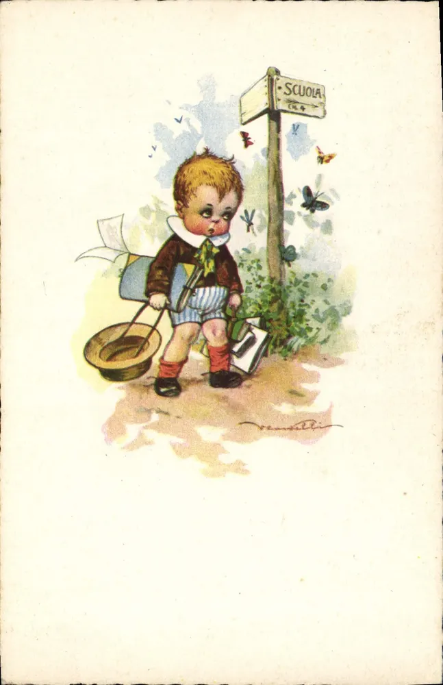 Kind vor einem Schild 'SCUOLA' — Illustration von Vannelli — Verlag Bignami, n° 177 - Vorderseite