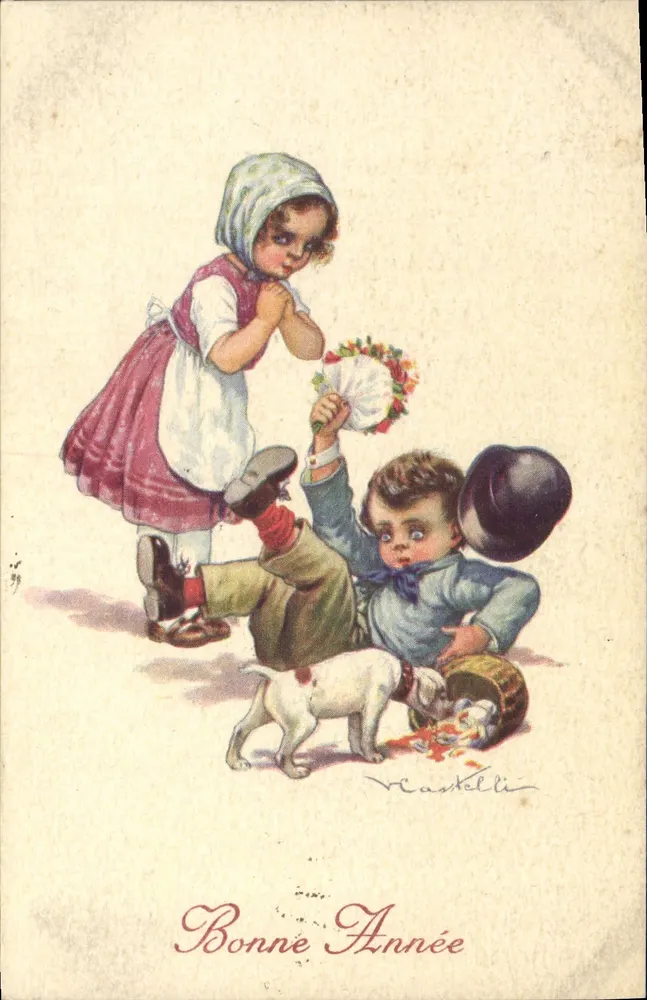 Kinder und Hund — Frohe Neujahr — Castelli - Vorderseite