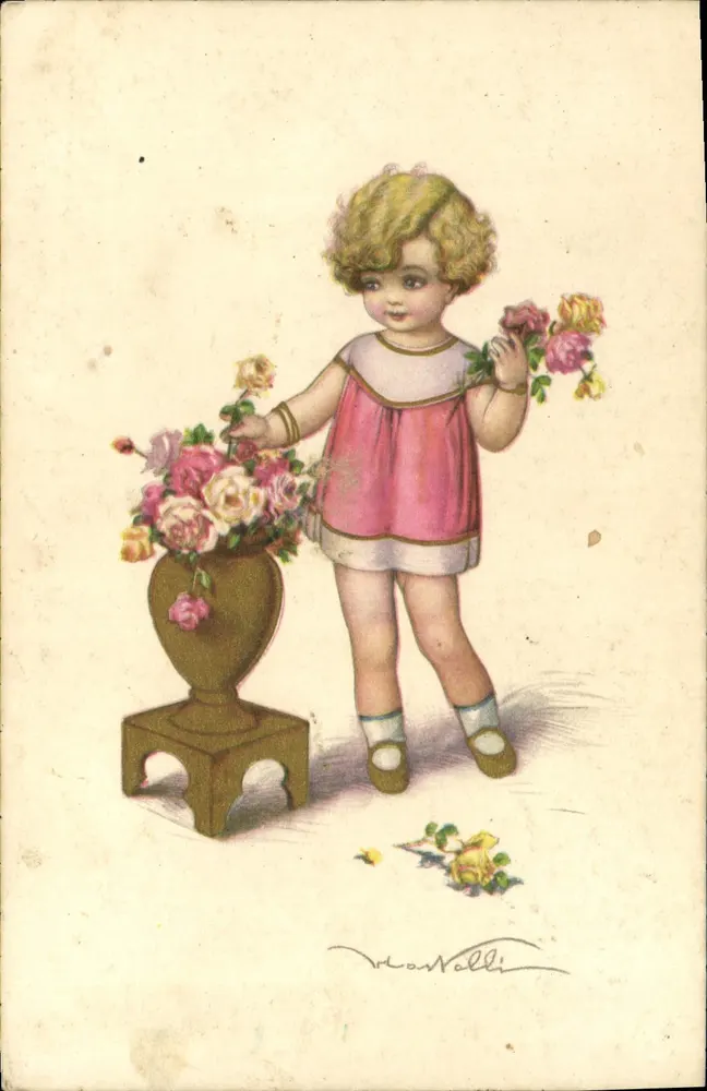 Kleine Mädchen mit Rosen — Illustration signiert von Monwelli — Verlag nicht sichtbar - Vorderseite