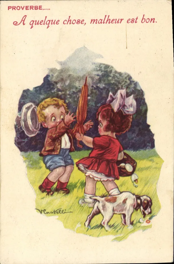 Kinder spielen mit einem Schirm — Sprichwort — Vlastelli, Nr. 591 - Vorderseite