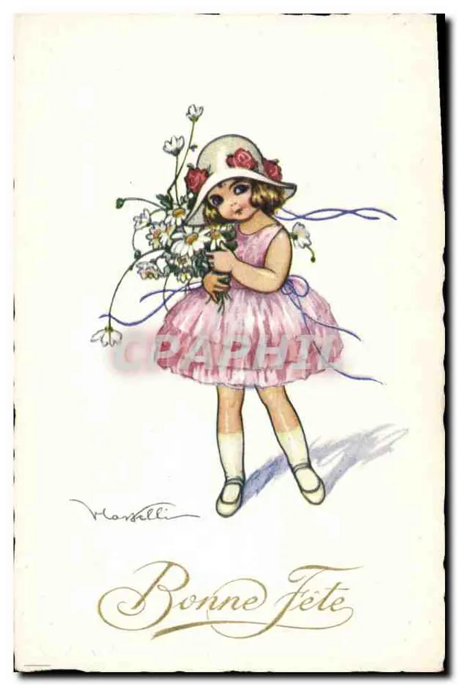 Kleine Mädchen in rosa Kleid — Blumenstrauß — Montelli - Vorderseite