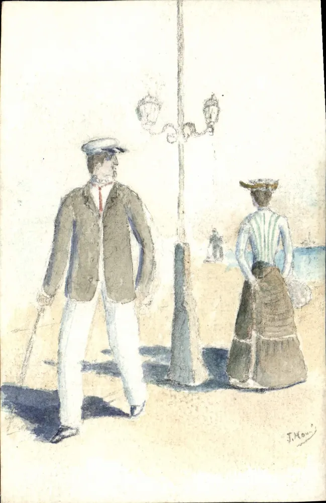 Strandlandschaft — J. Moui — Aquarellzeichnung - Vorderseite