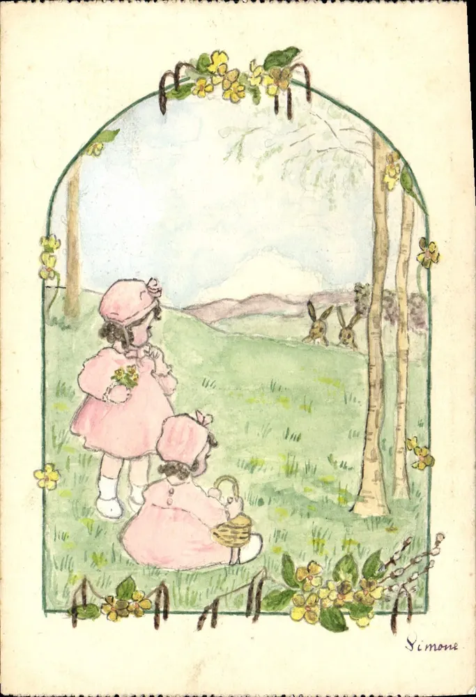 Zwei Kinder in einem rosa Kleid Blumen pflücken — Zeichnung von Simone — Feldpostkarte 'Wega'-Feld-Skizzierblock, Verlag Wwe. Garve & Sohn, Hannover - Vorderseite