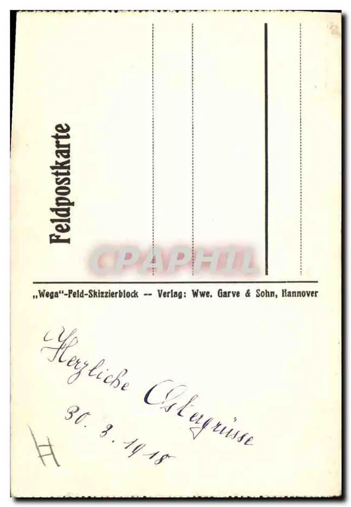 Zwei Kinder in einem rosa Kleid Blumen pflücken — Zeichnung von Simone — Feldpostkarte 'Wega'-Feld-Skizzierblock, Verlag Wwe. Garve & Sohn, Hannover - Rückseite