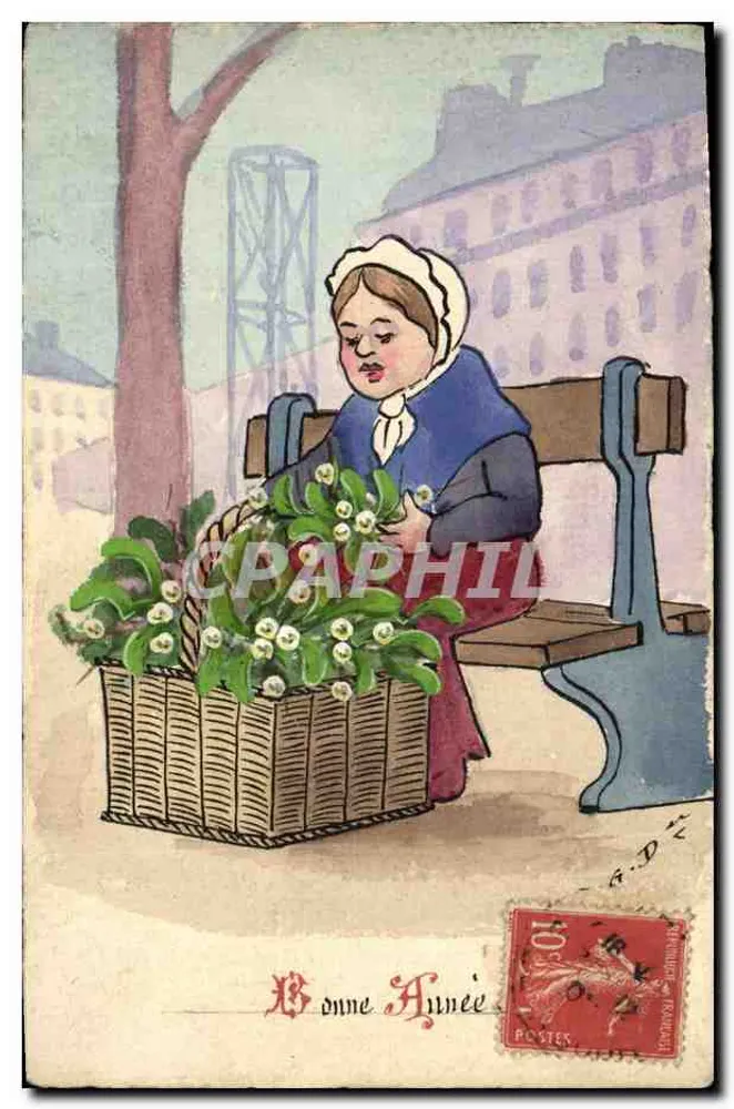 Frau, die auf einer Bank sitzt und einen Blumenkorb hält — Frohe Neujahr — Verlag A.D. (Nr. 12261) - Vorderseite